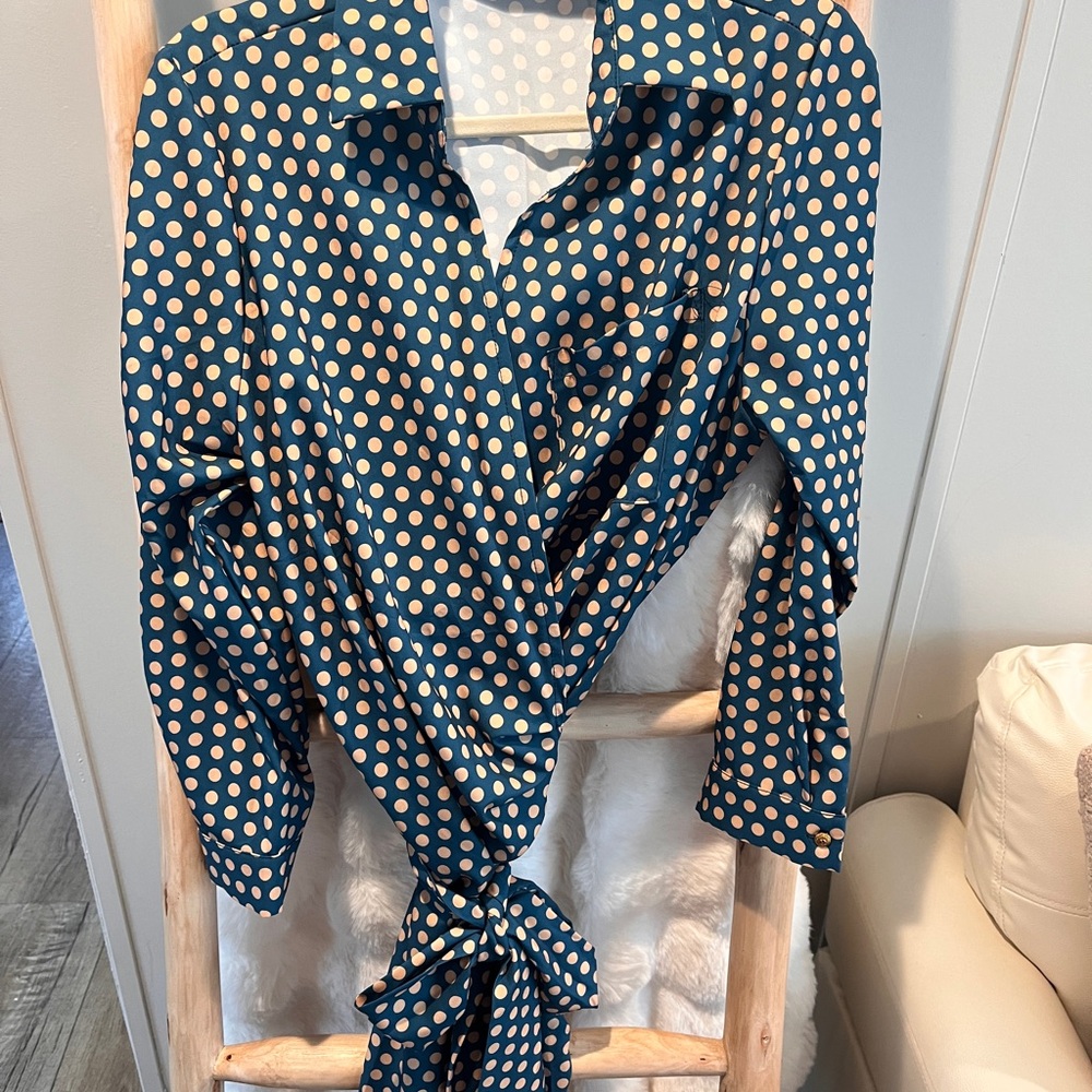 SHEIN Teal and Cream Polka Dot Wrap Midi Dress